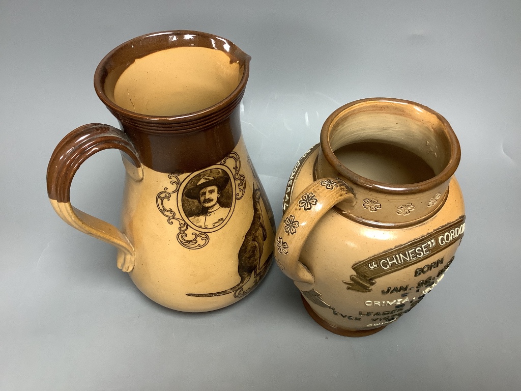 A Doulton Lambeth ‘Chinese Gordon’ jug, dated 1884 and a similar South Africa 1900 jug, tallest being 21cm